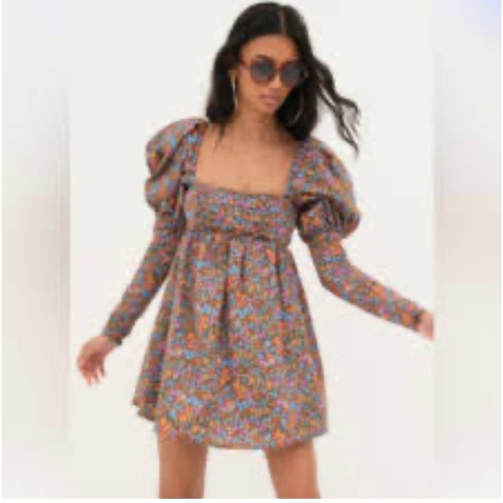 For Love And Lemons XS Brittany Mini Dress Floral Puff Sleeves‎ Cut Out Back